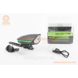 Фонарь передний 1 диод+звонок 4 мелодии, Li-ion 3.7V 1200mAh зарядка от USB, влагозащитный, чёрно-зелёный Фонарь передний 1 диод+звонок 4 мелодии, Li-ion 3.7V 1200mAh зарядка от USB, влагозащитный, чёрно-зелёный