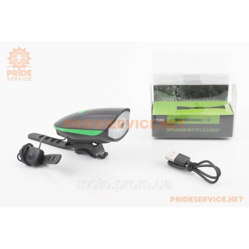 Фонарь передний 1 диод+звонок 4 мелодии, Li-ion 3.7V 1200mAh зарядка от USB, влагозащитный, чёрно-зелёный