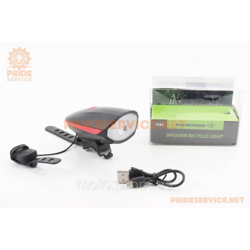 Фонарь передний 1 диод+звонок 4 мелодии, Li-ion 3.7V 1200mAh зарядка от USB, влагозащитный, чёрно-красный