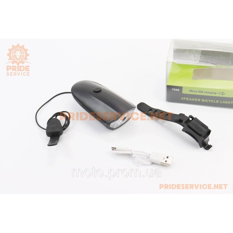 Фонарь передний 1 диод+звонок 4 мелодии, Li-ion 3.7V 1200mAh зарядка от USB, влагозащитный, чёрный FY-058/7588
