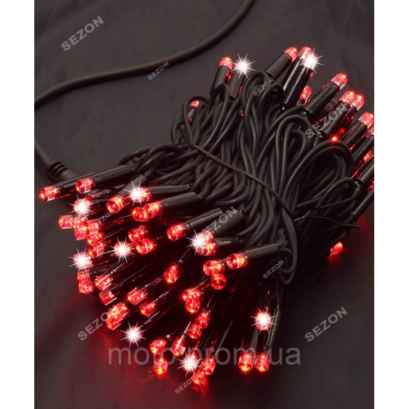 Вулична 100 LED, 10м, чорний каучук 3,3мм, червоний+FLASH