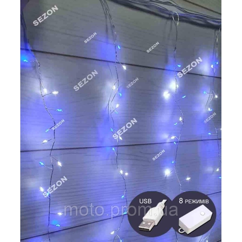 Штора 200LED роса-фейерверк 3м*0,6м/ перехідник, синьо-біла
