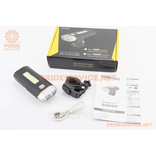 Фонарь передний 2+1 диода 500 lumen+Power Bank, Li-ion 3.7V 4000mAh зарядка от USB, влагозащитный, чёрно-серый