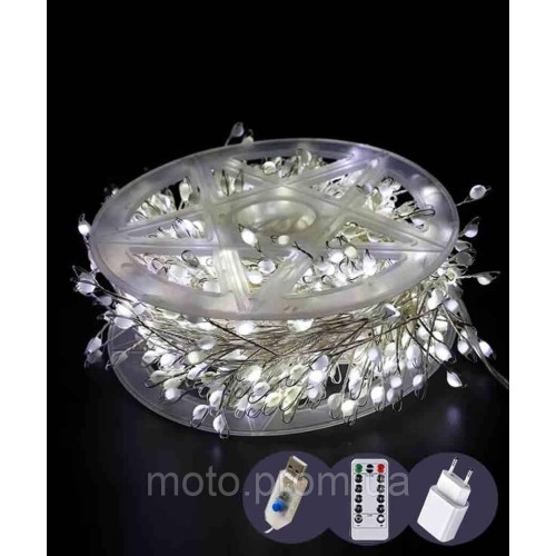 Роса-феєрверк 50m 1500LED, прозорий провід, 8 режимів +USB, пульт ДК, білий