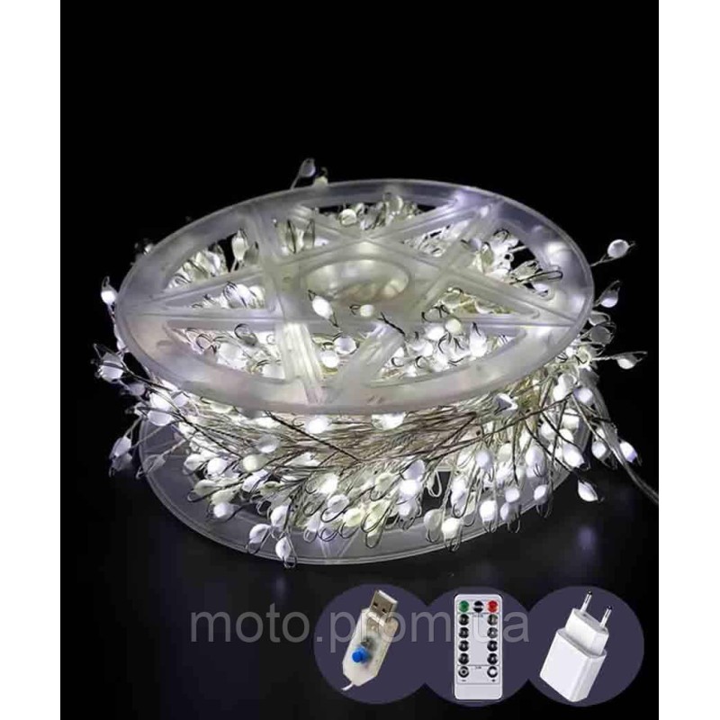 Роса-феєрверк 50m 1500LED, прозорий провід, 8 режимів +USB, пульт ДК, білий