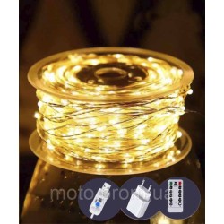 Роса-феєрверк 50m 1500LED, прозорий провід, 8 режимів +USB, пульт ДК, теплий білий