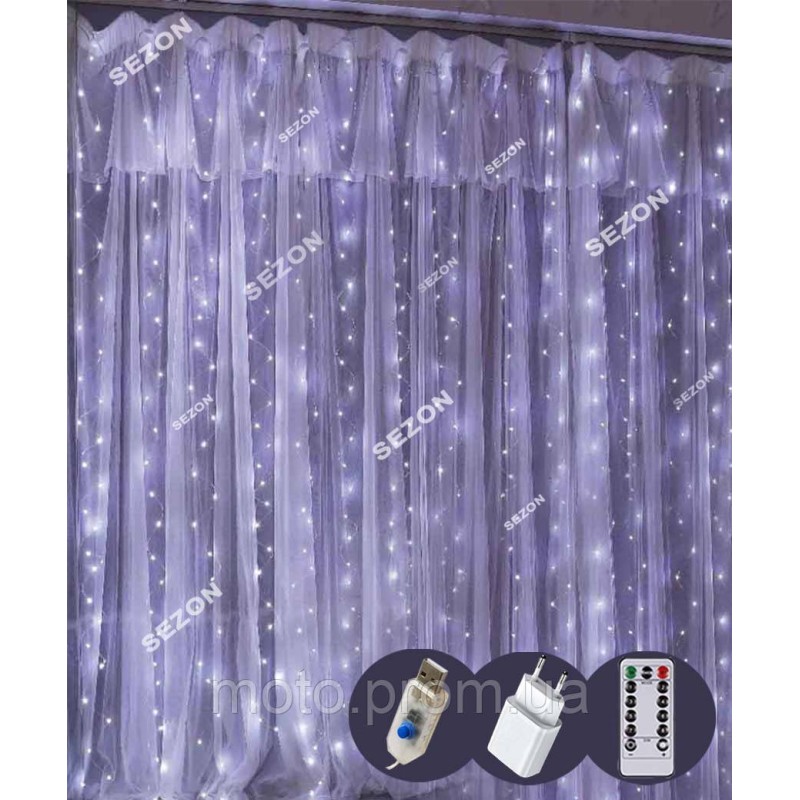 Штора-роса 3m*2m 10 ліній 200led, USB адаптер/ пульт ДК, білий