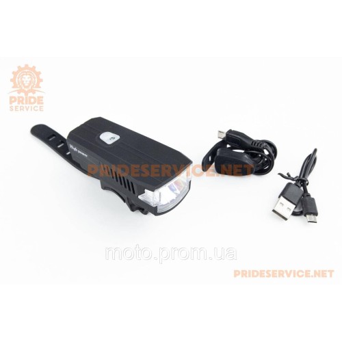 Фонарь передний 1 диод 350 lumen+звонок 5 мелодий, Li-ion 3.7V 1200mAh зарядка от USB, влагозащитный, чёрный