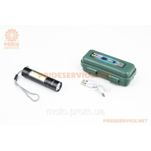Ліхтар 1 LED+COB 300 lumen ручний, алюмінієвий, Li-ion 3.7V 450mAh зарядка від USB, вологозахисний, в пластиковому боксі, чорний