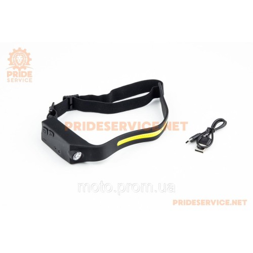 Ліхтар налобний 1 LED+COB 350 lumen, сенсорне керування рухом руки, Li-ion 3.7V 1200mAh зарядка від USB, вологозахисний, чорний