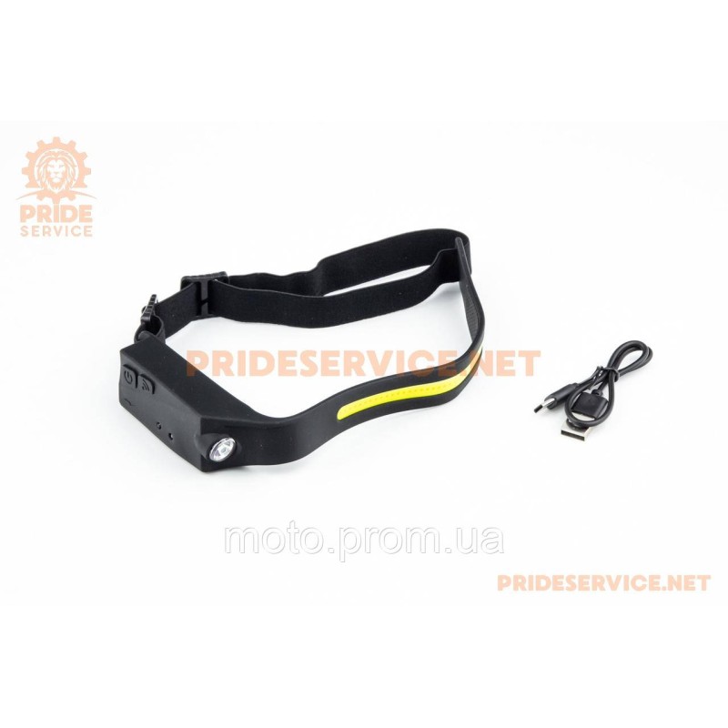 Ліхтар налобний 1 LED+COB 350 lumen, сенсорне керування рухом руки, Li-ion 3.7V 1200mAh зарядка від USB, вологозахисний, чорний
