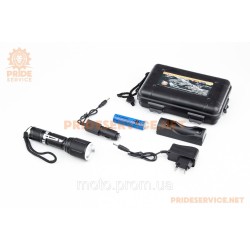 Ліхтар LED Cree XML-T6 (Zoom) 700 lumen ручний, алюмінієвий, AКБ Li-ion 3.7V 18650 зарядка від авто/220V, вологозахисний, чорний