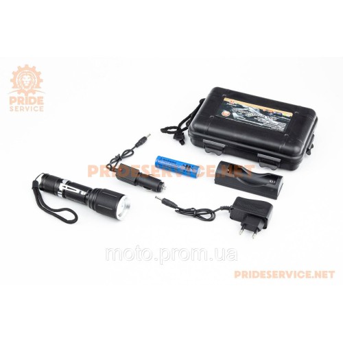 Ліхтар LED Cree XML-T6 (Zoom) 700 lumen ручний, алюмінієвий, AКБ Li-ion 3.7V 18650 зарядка від авто/220V, вологозахисний, чорний
