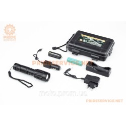 Ліхтар LED Cree XML-T6 (Zoom) 700 lumen ручний, алюмінієвий, АКБ Li-ion 3.7V 18650 зарядка від авто/220V, вологозахисний, чорний