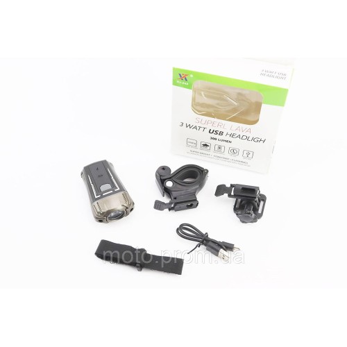 Фонарь передний 1 диод 300 lumen, Li-ion 3.7V 1200mAh зарядка от USB, влагозащитный, чёрно-серый HJ-049