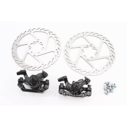 Гальмо Disk-brake переднє (F160/R140мм)+заднє (F180/R160мм), диски 160мм, кріпл. 6 болтів, чорні DX-2005 Гальмо Disk-brake переднє (F160/R140мм)+заднє (F180/R160мм), диски 160мм, кріпл. 6 болтів, чорні DX-2005