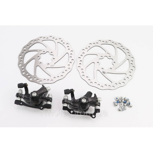 Гальмо Disk-brake переднє (F160/R140мм)+заднє (F180/R160мм), диски 160мм, кріпл. 6 болтів, чорні DX-2007