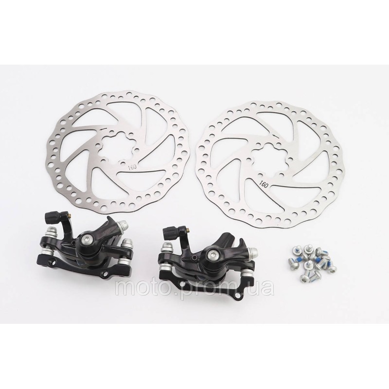Гальмо Disk-brake переднє (F160/R140мм)+заднє (F180/R160мм), диски 160мм, кріпл. 6 болтів, чорні DX-2007