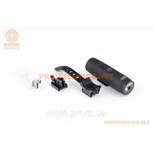 Фонарь передний 1 диод 300 lumen алюминиевый, Li-ion 3.7V 2200mAh зарядка от USB, влагозащитный, чёрный