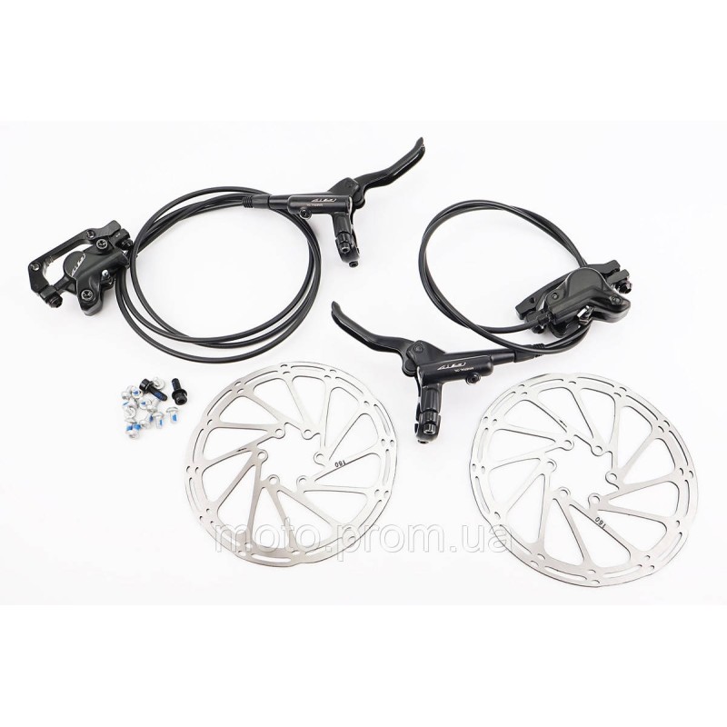 Гальмо Disk-brake гідравлічне переднє (F160/R140мм)+заднє (F180/R160мм) у зборі, диски 160мм, кріпл. 6 болтів, чорні