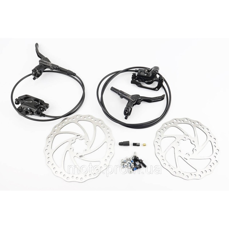Гальмо Disk-brake гідравлічне переднє (F180/R160мм)+заднє (F180/R160мм) у зборі, диски 160/180мм, кріпл. 6 болтів, чорні