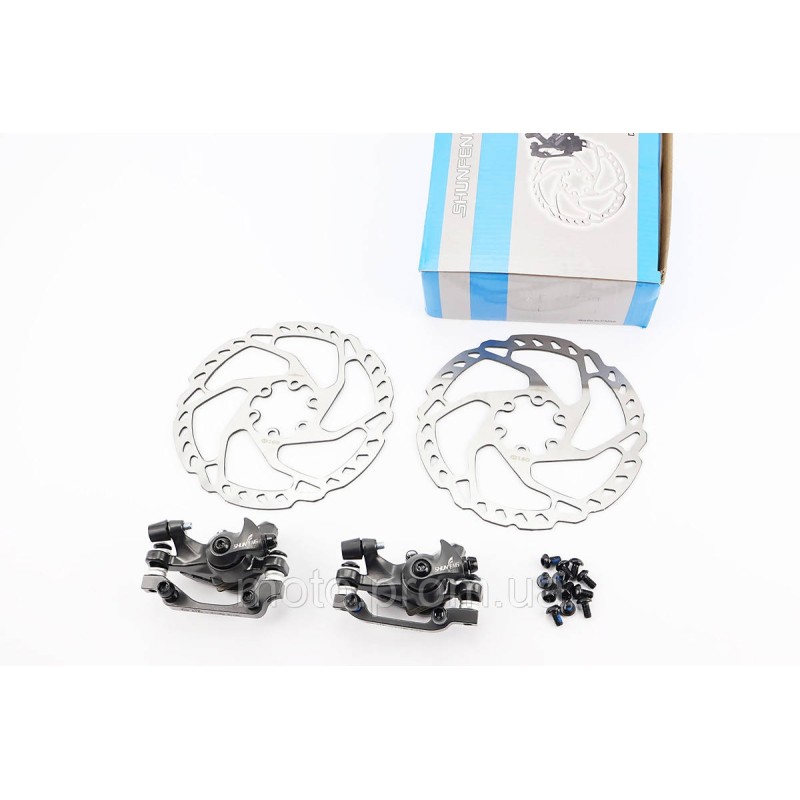 Гальмо Disk-brake переднє (F160/R140мм)+заднє (F180/R160мм), диски 160мм, кріпл. 6 болтів, сірий SF-M350+RT525