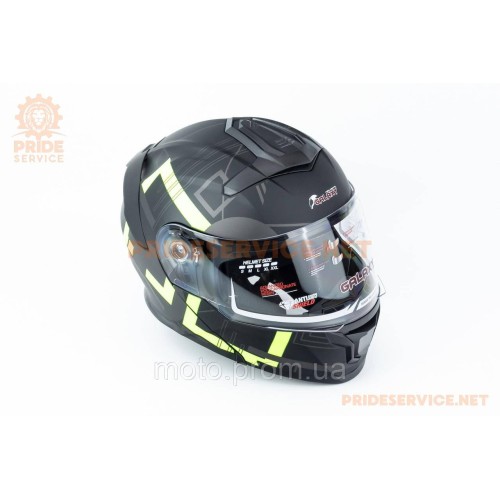 Шлем модуляр с откидным подбородком (стандарт DOT), выдвижные очки GLX-912 S (55-56см), чёрно-салатовый мат