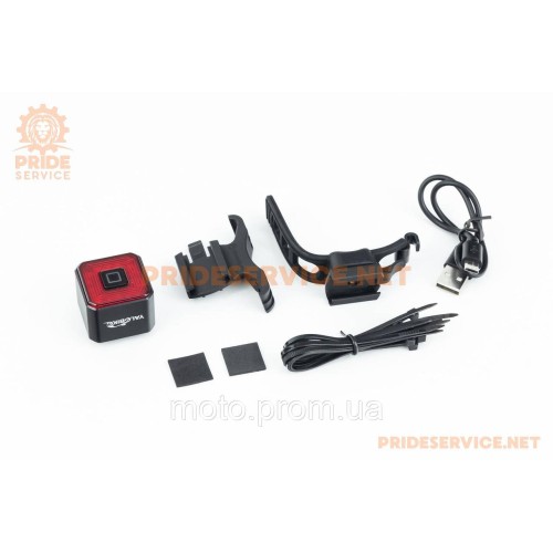 Ліхтар задній COB LED алюмінієвий, Li-ion 3.7V 350mAh зарядка від USB, датчик світла, Автоматичний СТОП-СИГНАЛ, чорний WT005
