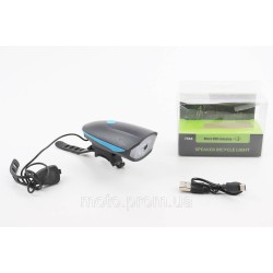 Ліхтар передній 1 діод+дзвінок 4 мелодії, Li-ion 3.7V 1200mAh зарядка від USB, вологозахисний, чорно-синій FY-058/7588 Ліхтар передній 1 діод+дзвінок 4 мелодії, Li-ion 3.7V 1200mAh зарядка від USB, вологозахисний, чорно-синій FY-058/7588