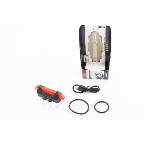 Ліхтар задній 5 діодів 15 lumen, Li-ion 3.7V 330mAh зарядка від USB, вологозахисний, BS-216/DС-918