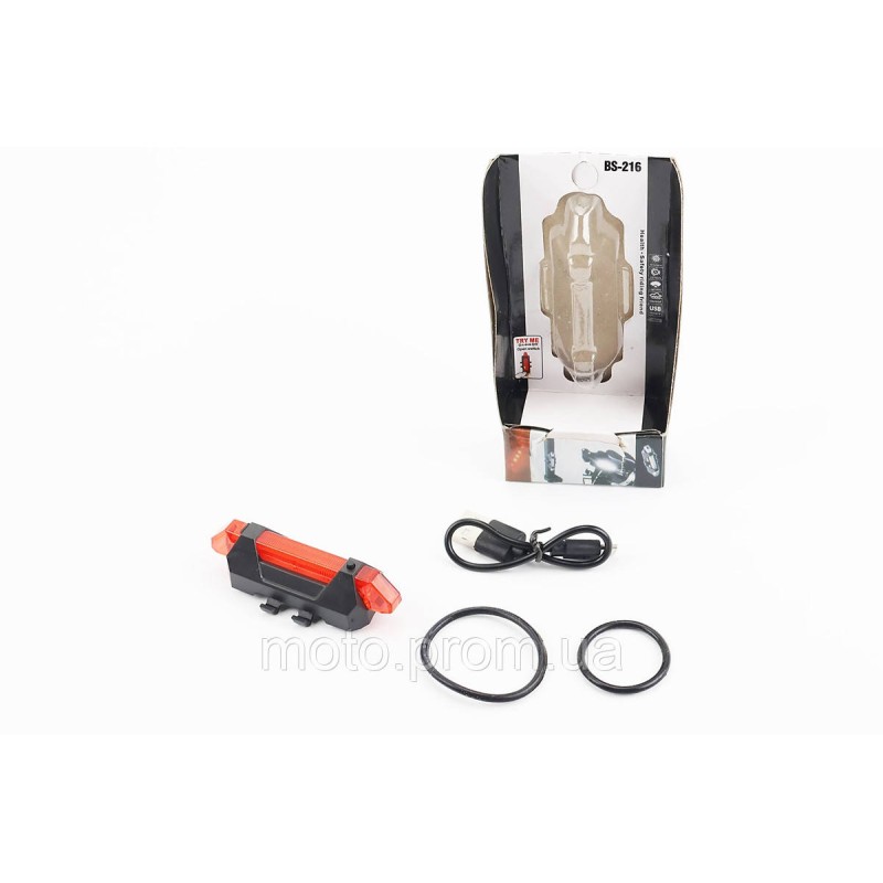 Ліхтар задній 5 діодів 15 lumen, Li-ion 3.7V 330mAh зарядка від USB, вологозахисний, BS-216/DС-918