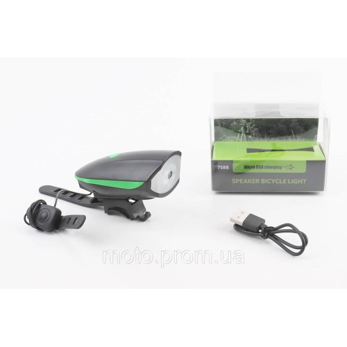 Фонарь передний 1 диод+звонок 4 мелодии, Li-ion 3.7V 1200mAh зарядка от USB, влагозащитный, чёрно-зелёный FY-058/7588