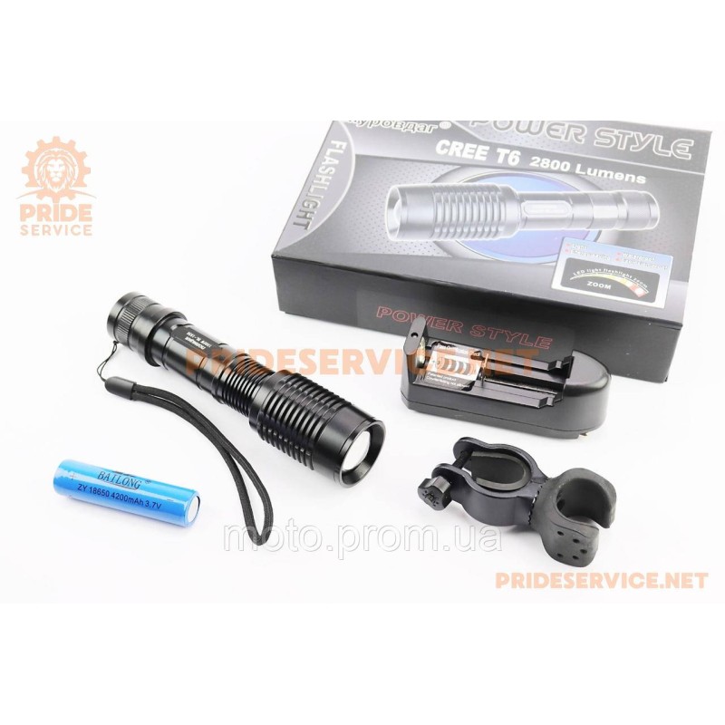 Фонарь передний 1 диод 2800 lumen алюминиевый, Li-ion 3.7V 4200mAh с зарядкой, влагозащитный, чёрный BL-1836