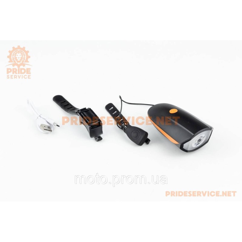Фонарь передний 1 диод+звонок 4 мелодии, Li-ion 3.7V 1200mAh зарядка от USB, влагозащитный, чёрно-оранжевый FY-058
